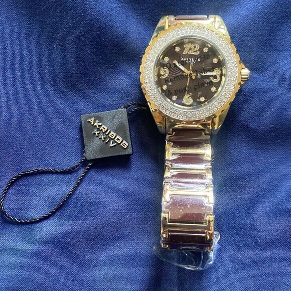 Akribos XXIV Womens Watch Metal Ceramic Band Gold Tone Gem Case 39mm AK891BRG - Picture 1 of 12
